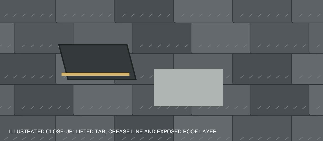 Illustration of a wind-lifted shingle tab and crease line